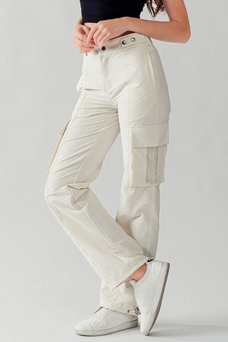 High Waist Utility Cargo Pants w/Adjustable Waist in Natural - Women's Wholesale Casual Pants | Trend Notes