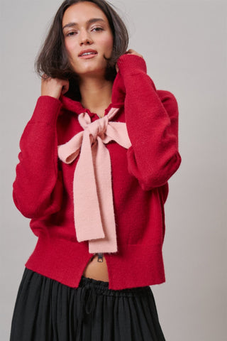 Red Bow-Tie Knit Hoodie Cardigan in Red Pink - Women's Wholesale Cardigans & Shrugs | Trend Notes