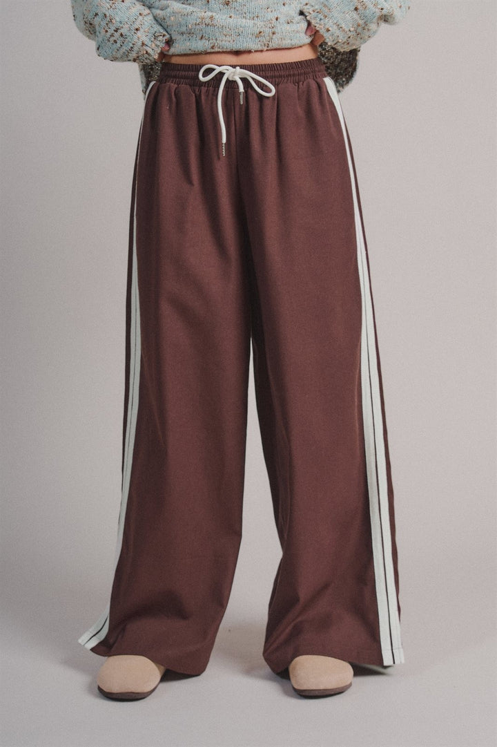 Side Stripe Drawstring Wide-Leg Pants in BROWN - Women's Wholesale Casual Pants | Trend Notes