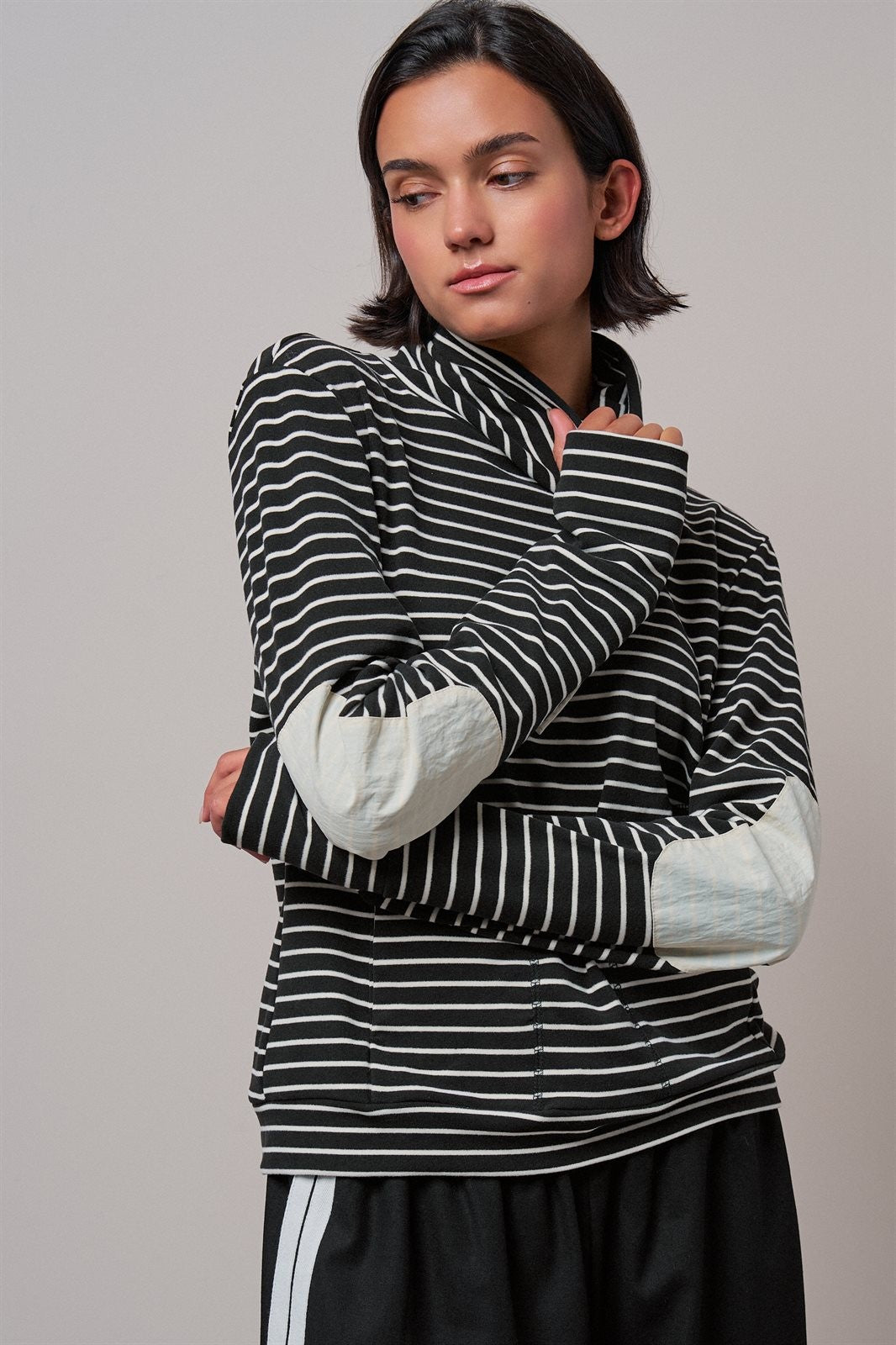 Striped Cowl Neck Drawstring Pullover Sweatshirt in BLACK - Women's Wholesale Sweatshirts & Hoodies | Trend Notes