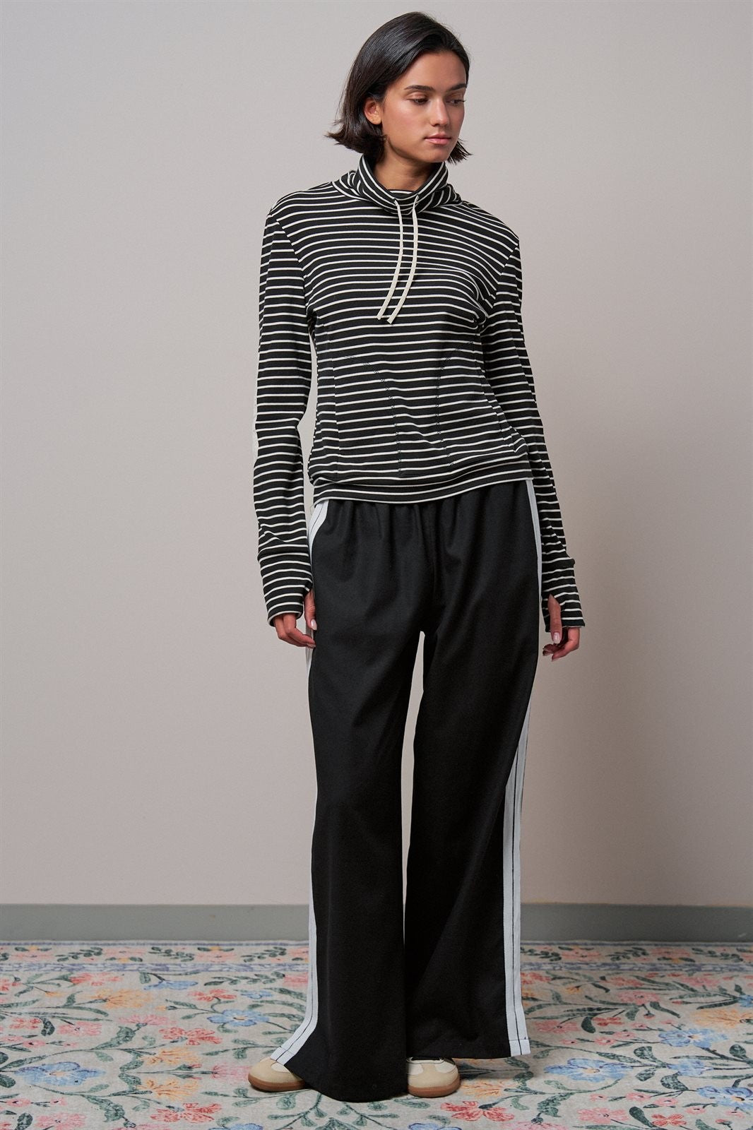 Striped Cowl Neck Drawstring Pullover Sweatshirt in BLACK - Women's Wholesale Sweatshirts & Hoodies | Trend Notes