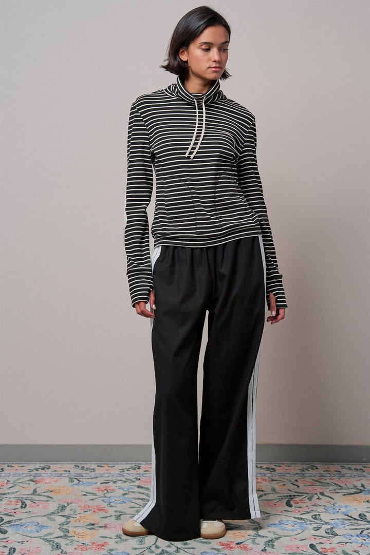 Striped Cowl Neck Drawstring Pullover Sweatshirt in BLACK - Women's Wholesale Sweatshirts & Hoodies | Trend Notes