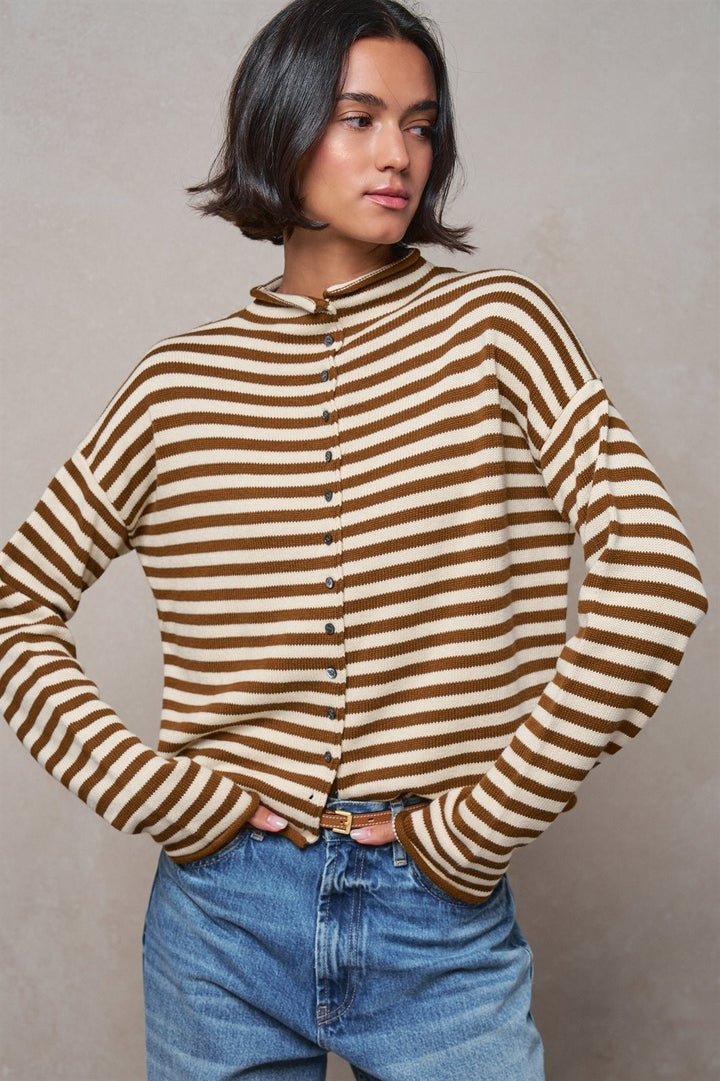 Striped Polo Collar Button Sweater with Rolled Edges in IVORY BROWN - Women's Wholesale Cardigans & Shrugs | Trend Notes