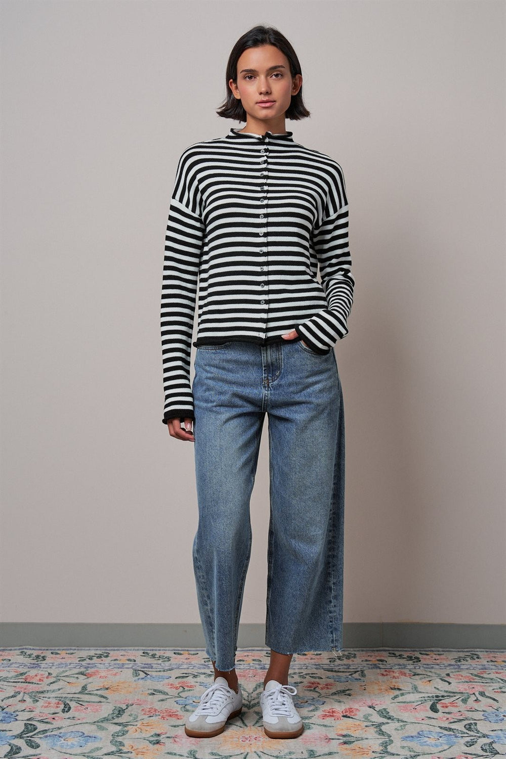 Striped Polo Collar Button Sweater with Rolled Edges in IVORY BLACK - Women's Wholesale Cardigans & Shrugs | Trend Notes