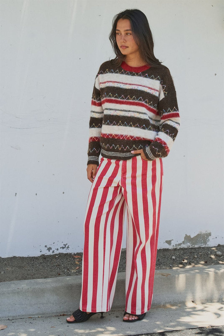 Multicolor Stripe Fair Isle Fuzzy Knit Sweater in BROWN - Women's Wholesale Sweaters | Trend Notes