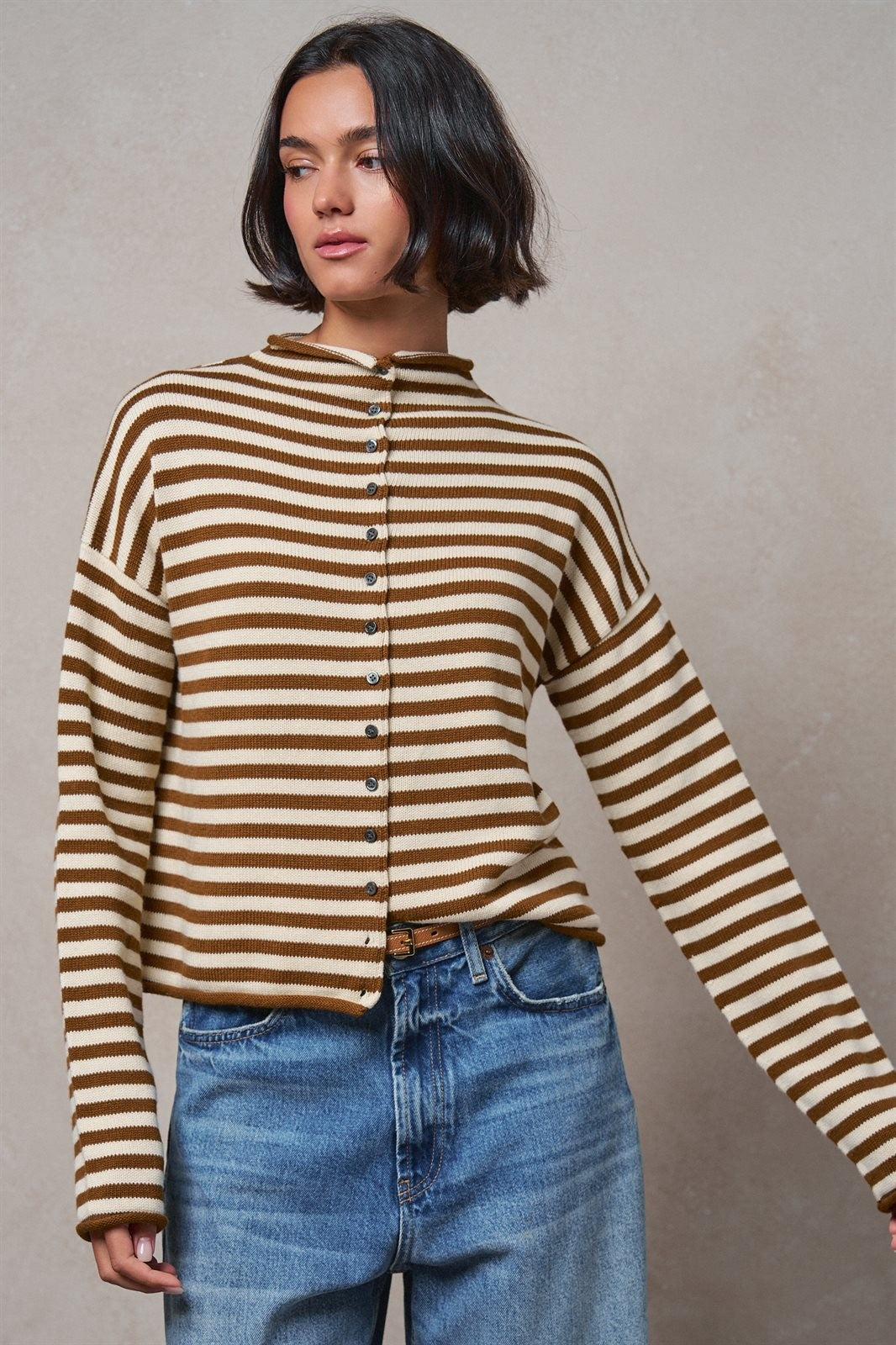 Striped Polo Collar Button Sweater with Rolled Edges in IVORY BROWN - Women's Wholesale Cardigans & Shrugs | Trend Notes