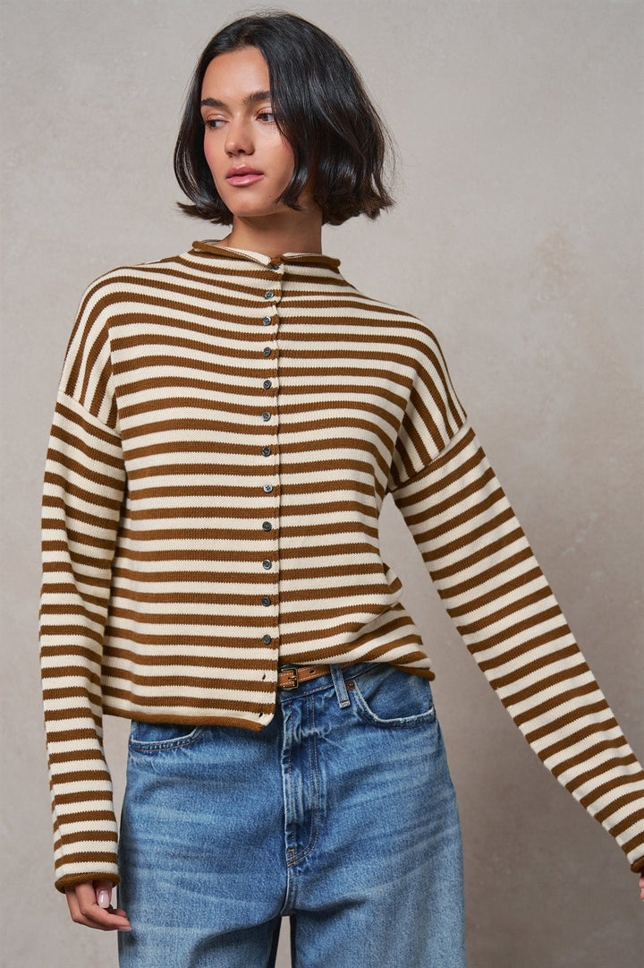 Striped Polo Collar Button Sweater with Rolled Edges in IVORY BROWN - Women's Wholesale Cardigans & Shrugs | Trend Notes