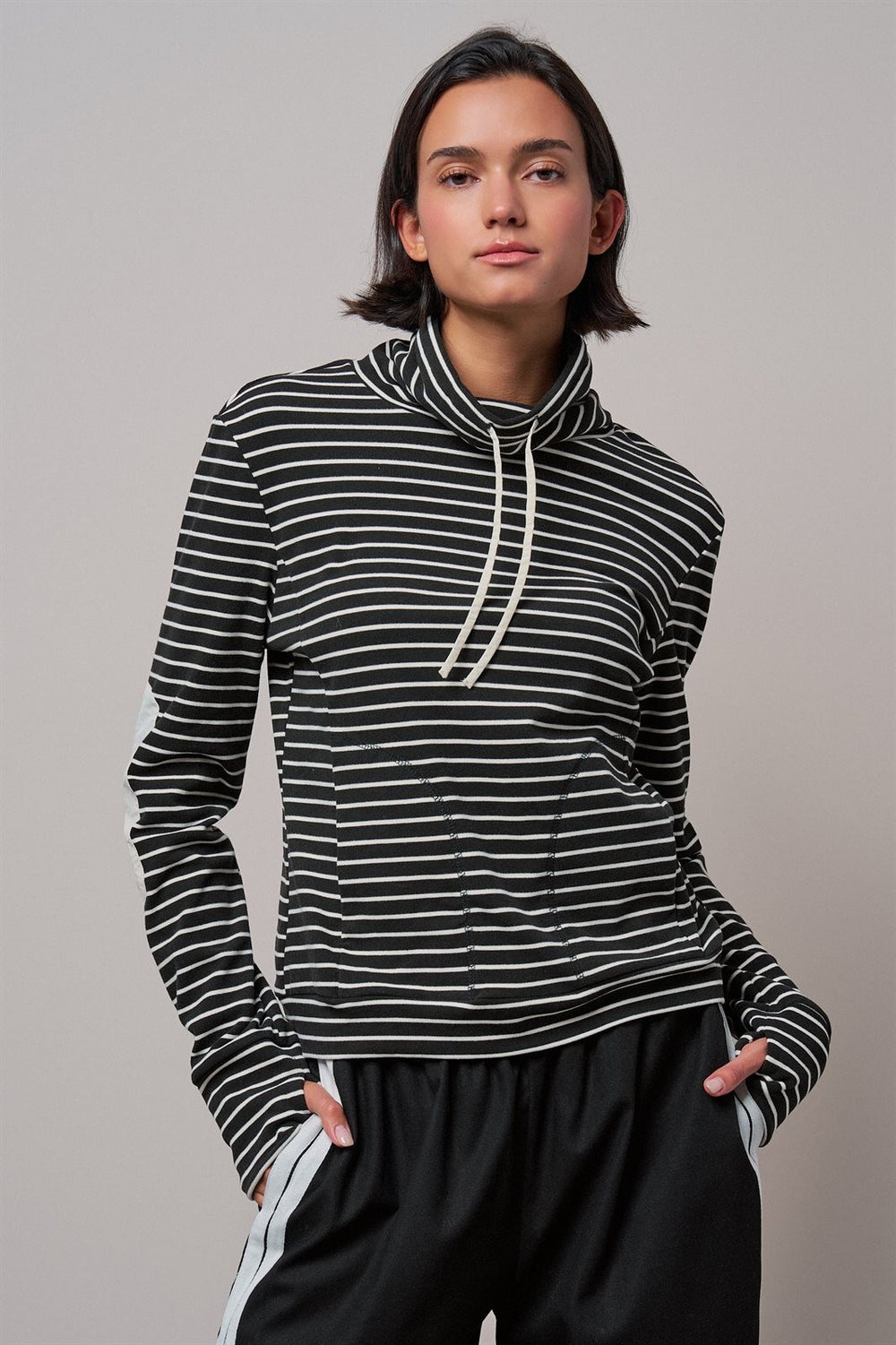 Striped Cowl Neck Drawstring Pullover Sweatshirt in BLACK - Women's Wholesale Sweatshirts & Hoodies | Trend Notes