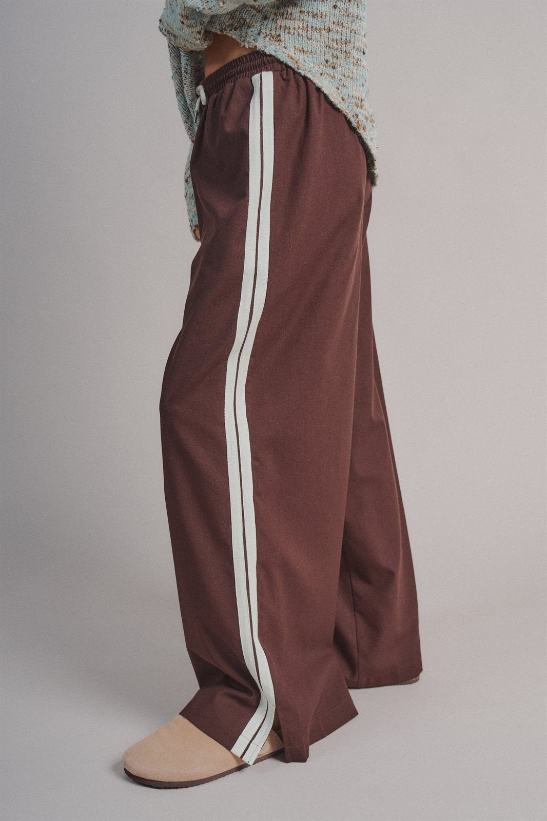Side Stripe Drawstring Wide-Leg Pants in BROWN - Women's Wholesale Casual Pants | Trend Notes