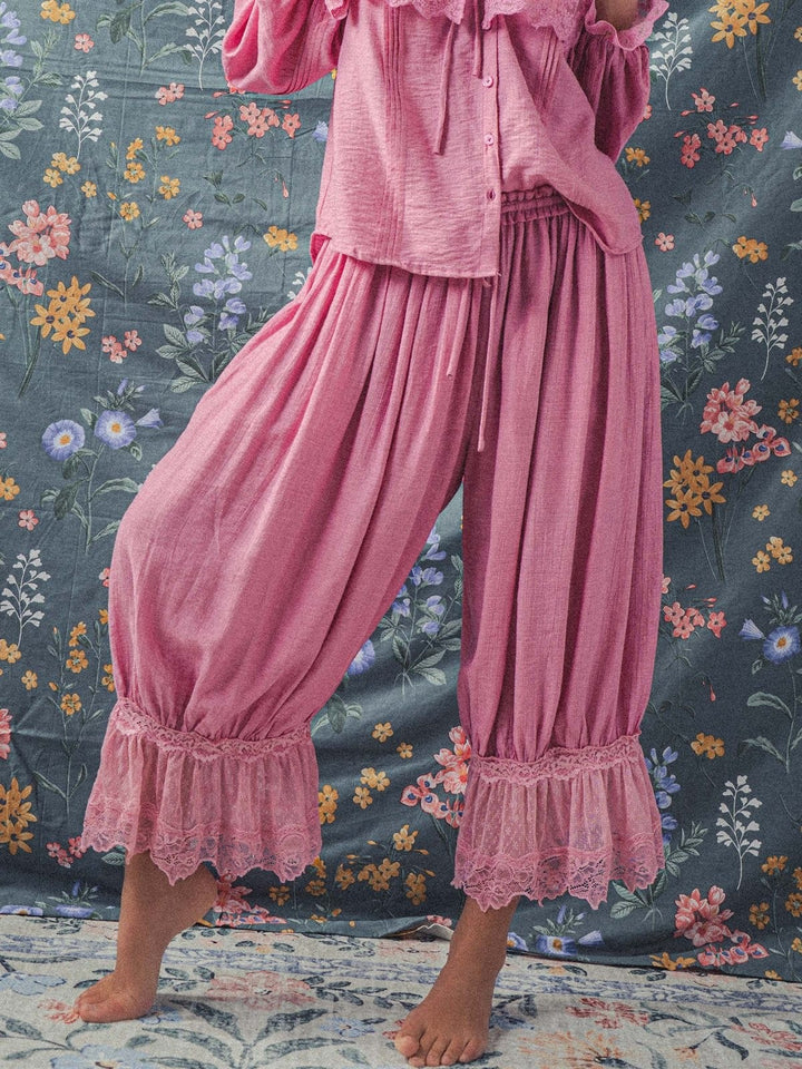 Boho Lace Trim Boomer Pants in PINK - Women's Wholesale Casual Pants | Trend Notes