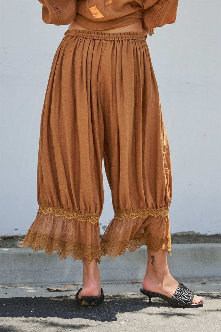 Boho Lace Trim Boomer Pants in BROWN - Women's Wholesale Casual Pants | Trend Notes