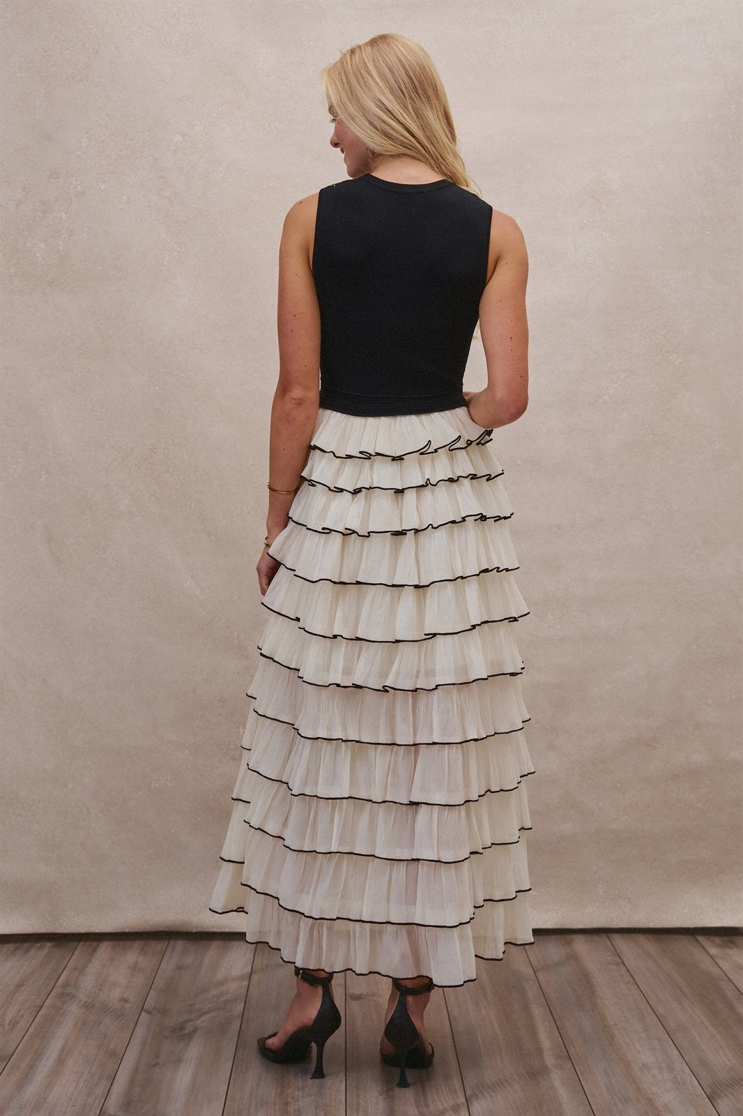 Tiered Ruffle Maxi Dress with Contrast Trim in BLACK - Women's Wholesale Cocktail Dresses | Trend Notes