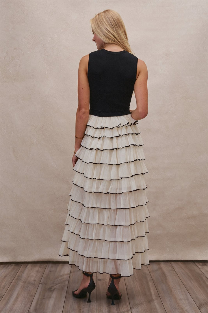 Tiered Ruffle Maxi Dress with Contrast Trim in BLACK - Women's Wholesale Cocktail Dresses | Trend Notes