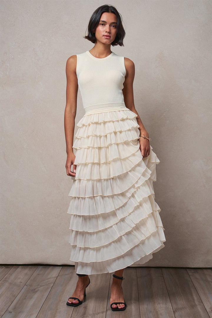 Tiered Ruffle Maxi Dress with Contrast Trim in IVORY - Women's Wholesale Cocktail Dresses | Trend Notes