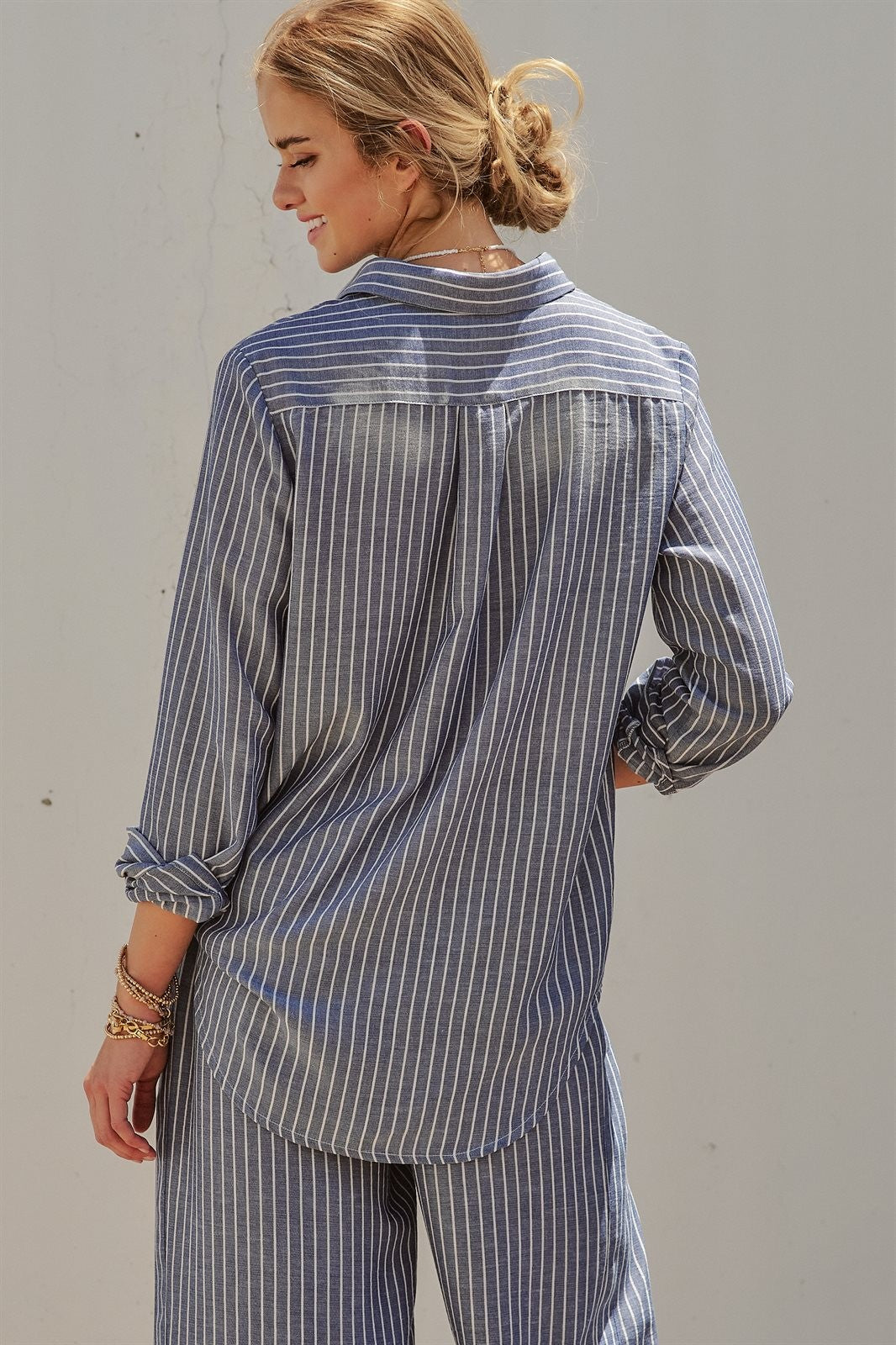 Coastal Ease Striped Linen Long Sleeve Shirt in NAVY STRIPE - Women's Wholesale Tops | Trend Notes