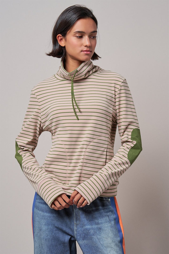 Striped Cowl Neck Drawstring Pullover Sweatshirt in PINK - Women's Wholesale Sweatshirts & Hoodies | Trend Notes