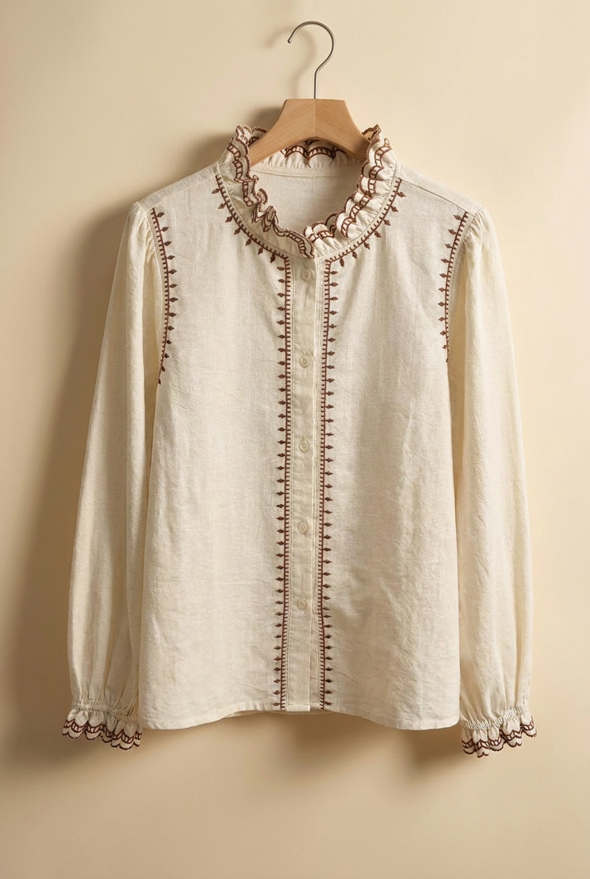 Embroidered Ruffle Neck Cotton Blouse