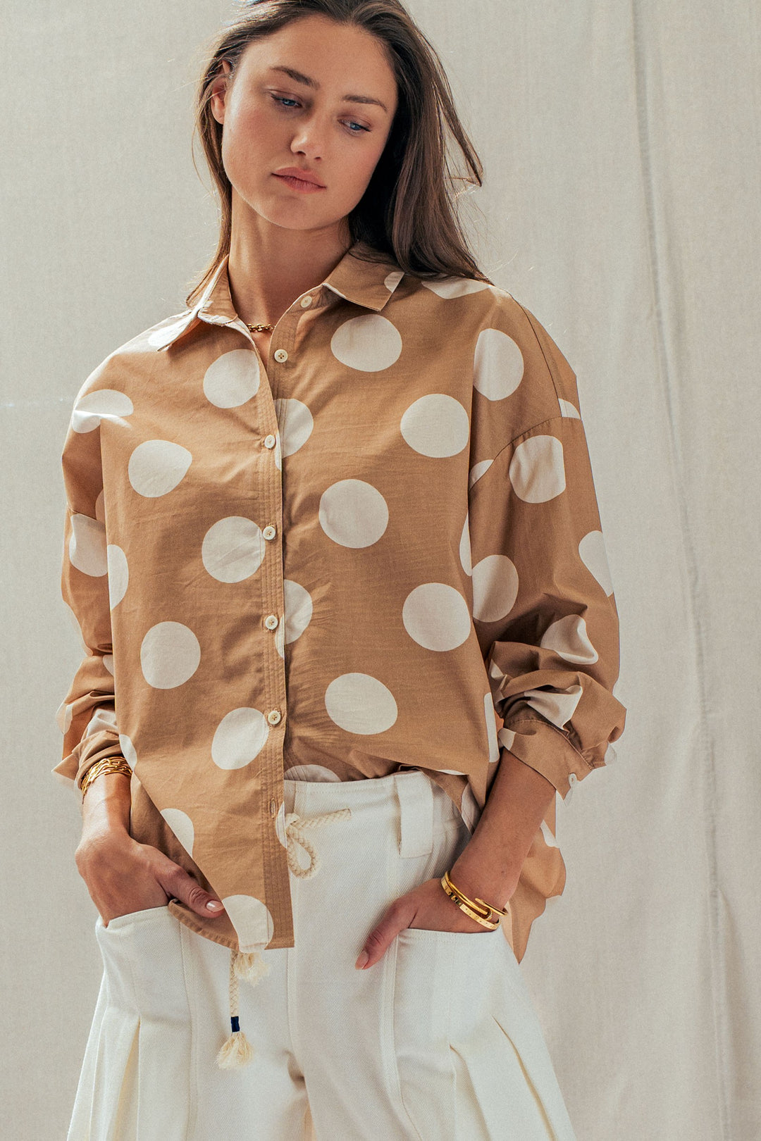 Polka Dot Button Shirt in TAUPE - Women's Wholesale Tops | Trend Notes