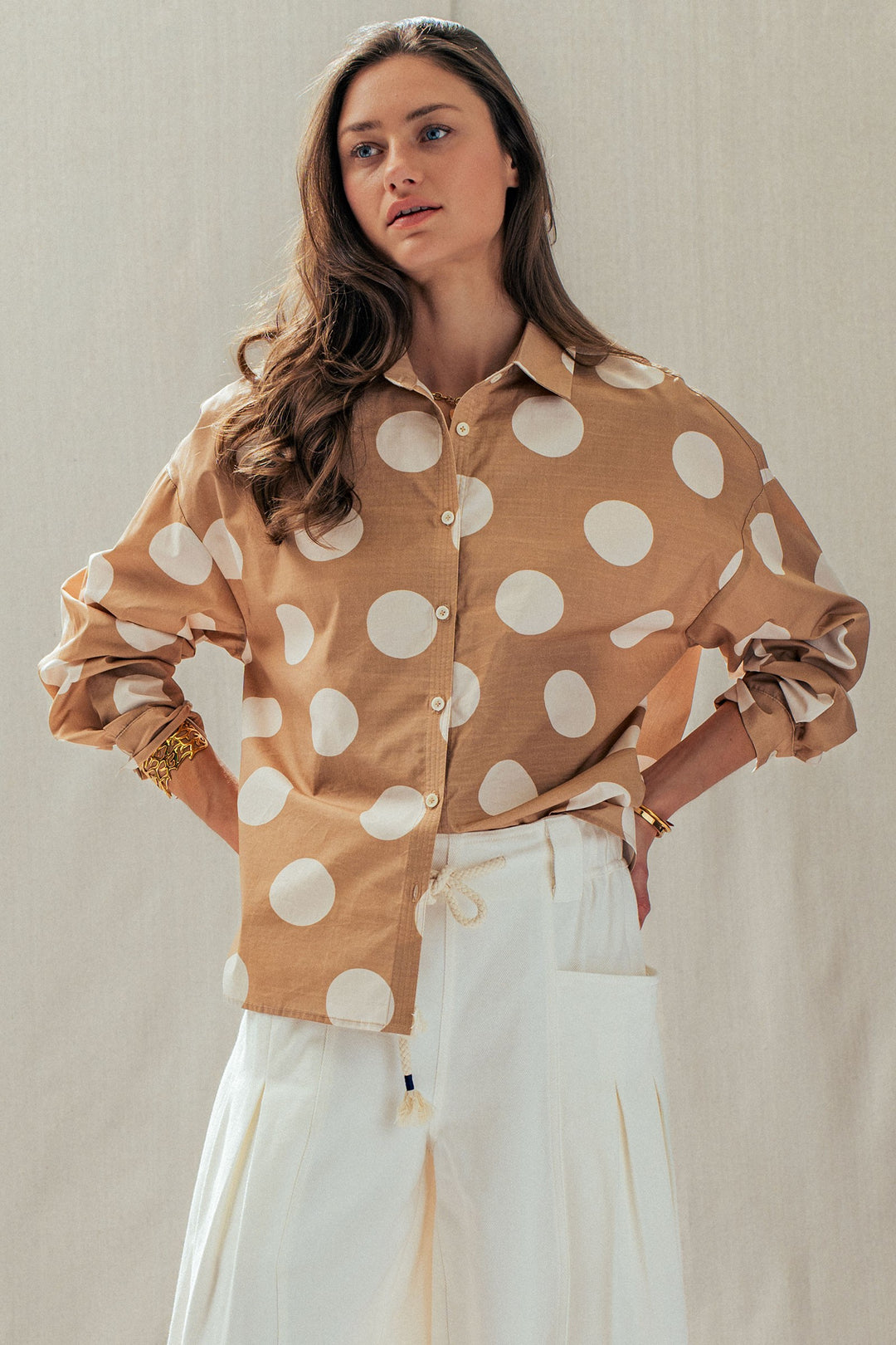 Polka Dot Button Shirt in TAUPE - Women's Wholesale Tops | Trend Notes