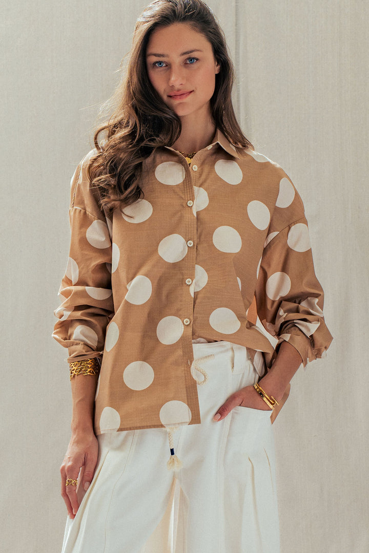 Polka Dot Button Shirt in TAUPE - Women's Wholesale Tops | Trend Notes
