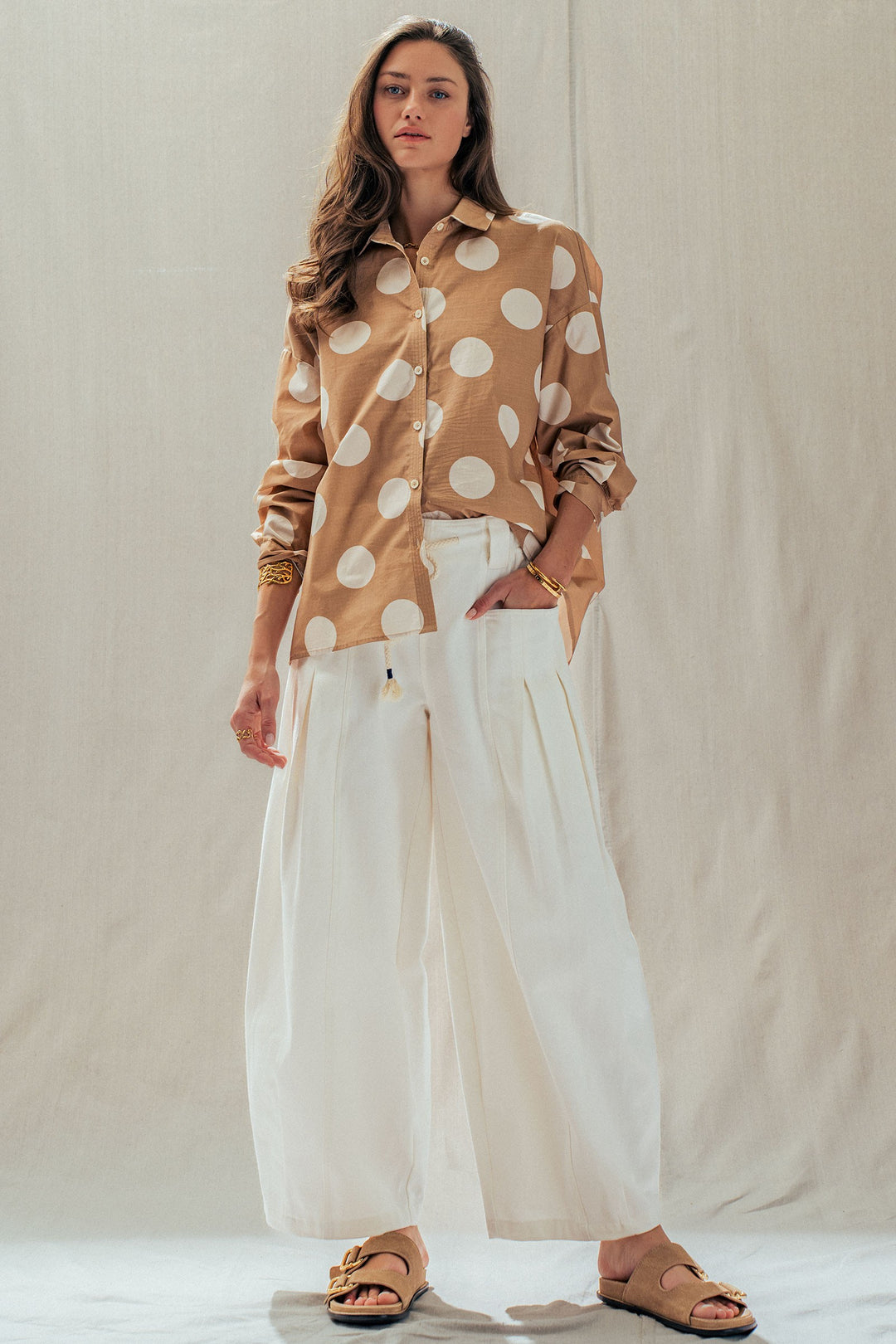 Polka Dot Button Shirt in TAUPE - Women's Wholesale Tops | Trend Notes
