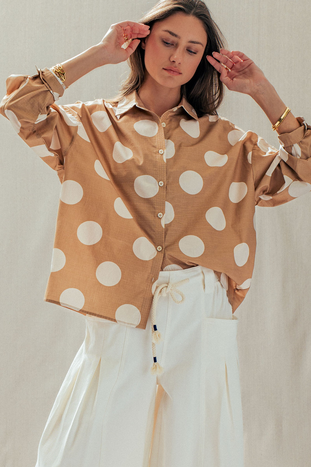 Polka Dot Button Shirt in TAUPE - Women's Wholesale Tops | Trend Notes