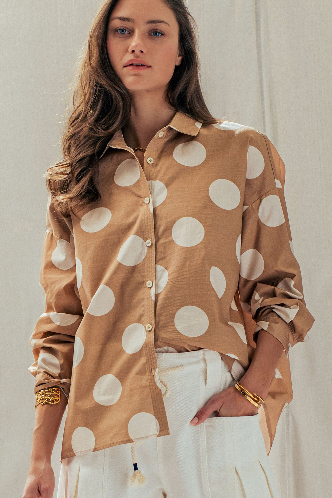 Polka Dot Button Shirt in TAUPE - Women's Wholesale Tops | Trend Notes