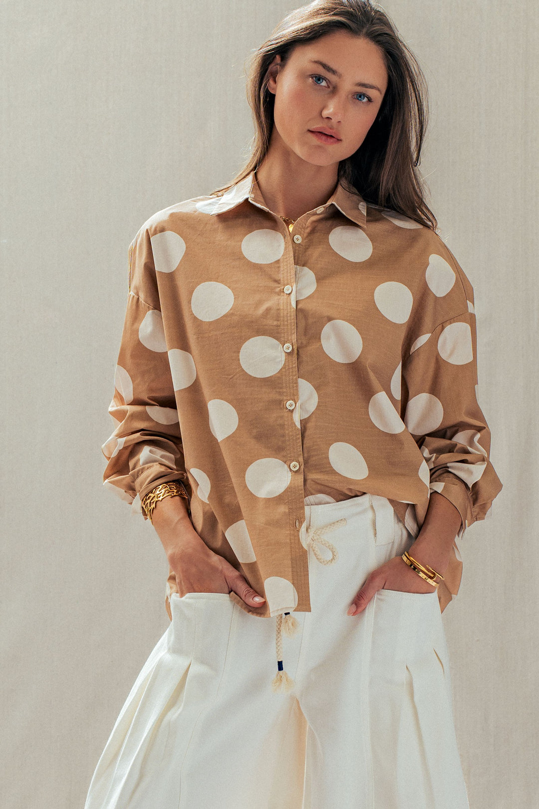 Polka Dot Button Shirt in TAUPE - Women's Wholesale Tops | Trend Notes