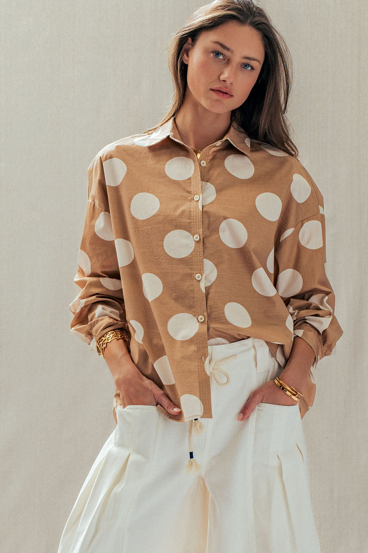 Polka Dot Button Shirt in TAUPE - Women's Wholesale Tops | Trend Notes