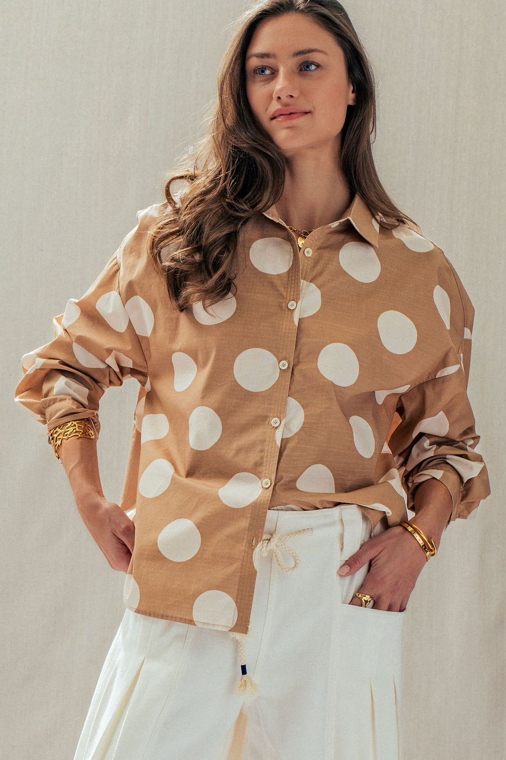 Polka Dot Button Shirt in TAUPE - Women's Wholesale Tops | Trend Notes