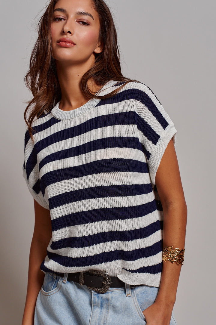 Sunlit Air Knit Cap Sleeve Top in WHITE NAVY - Women's Wholesale Sweaters | Trend Notes