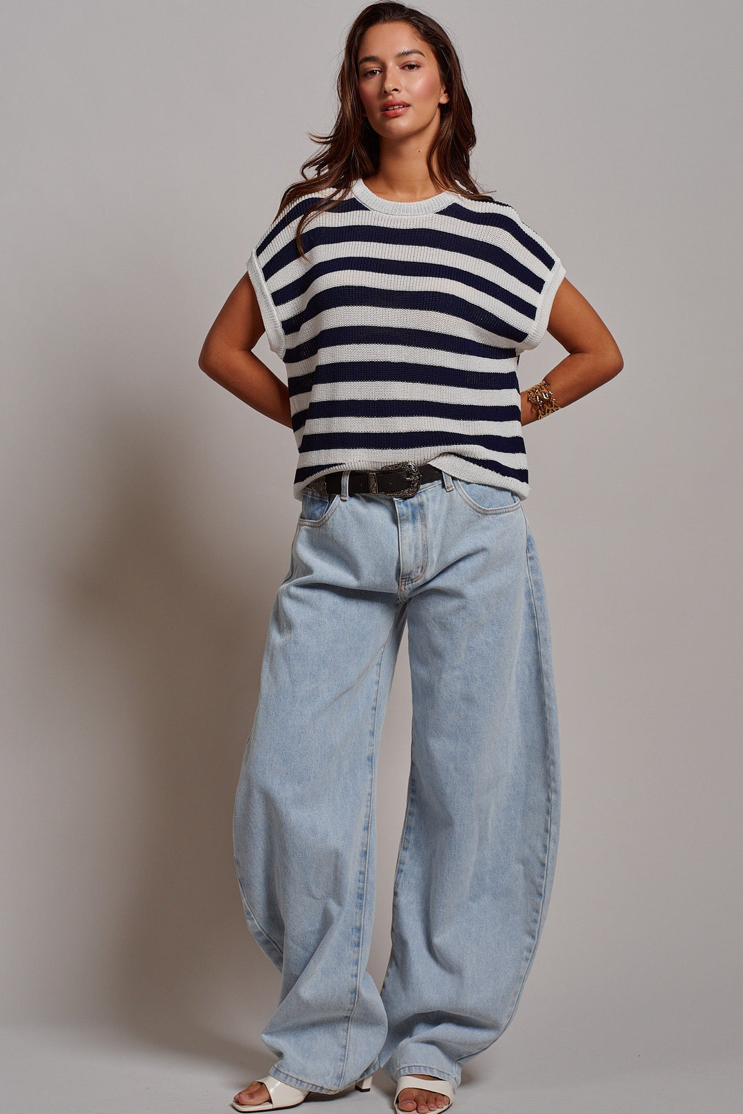 Sunlit Air Knit Cap Sleeve Top in WHITE NAVY - Women's Wholesale Sweaters | Trend Notes