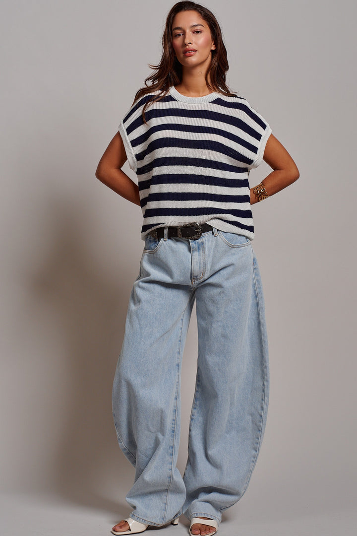 Sunlit Air Knit Cap Sleeve Top in WHITE NAVY - Women's Wholesale Sweaters | Trend Notes