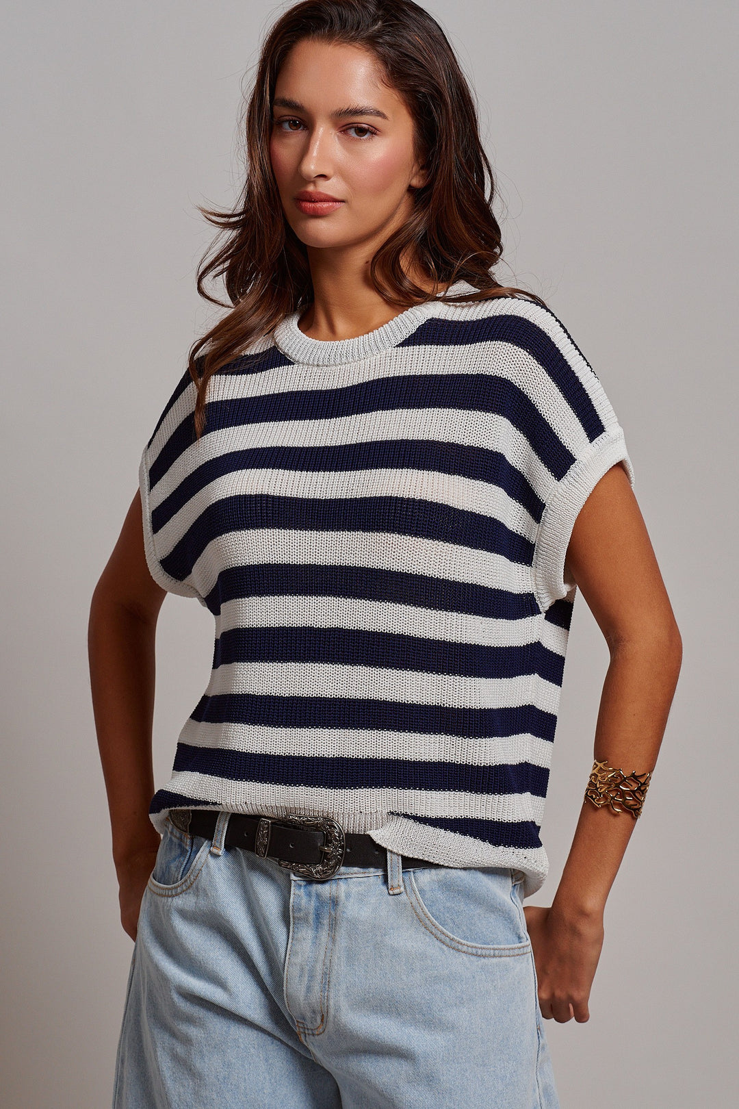 Sunlit Air Knit Cap Sleeve Top in WHITE NAVY - Women's Wholesale Sweaters | Trend Notes