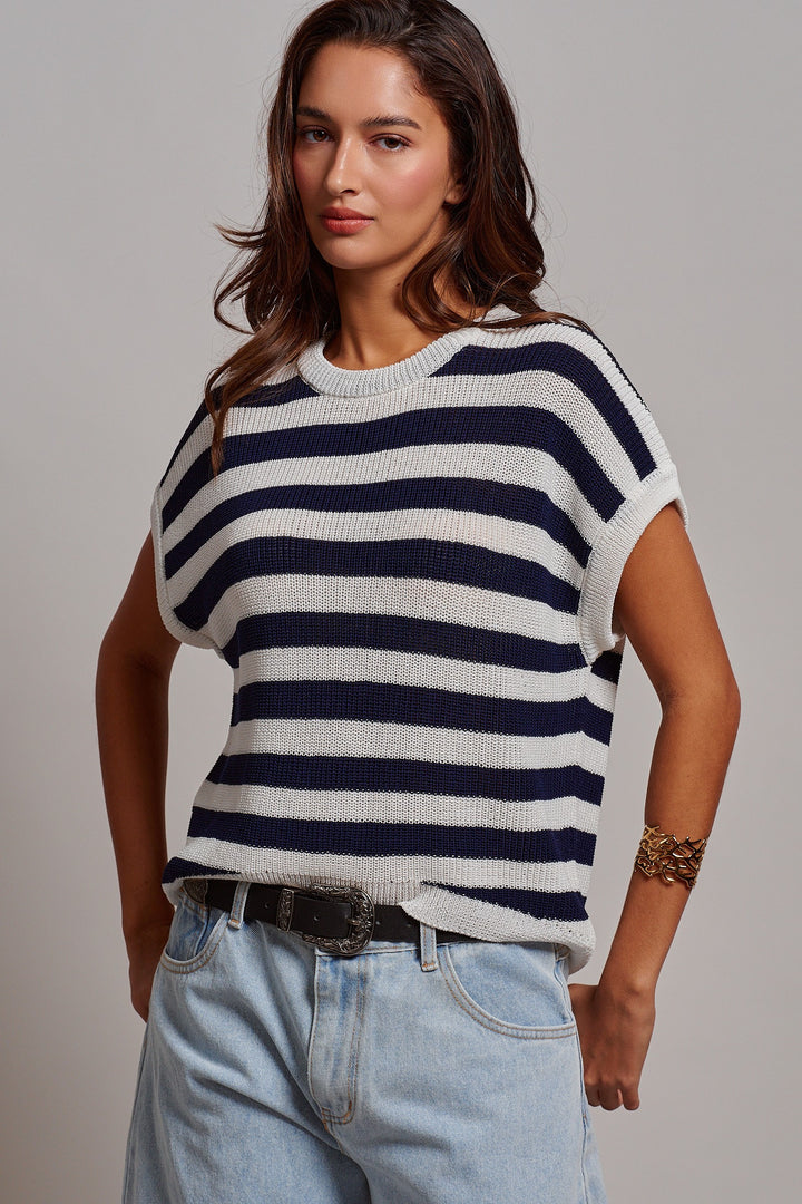Sunlit Air Knit Cap Sleeve Top in WHITE NAVY - Women's Wholesale Sweaters | Trend Notes