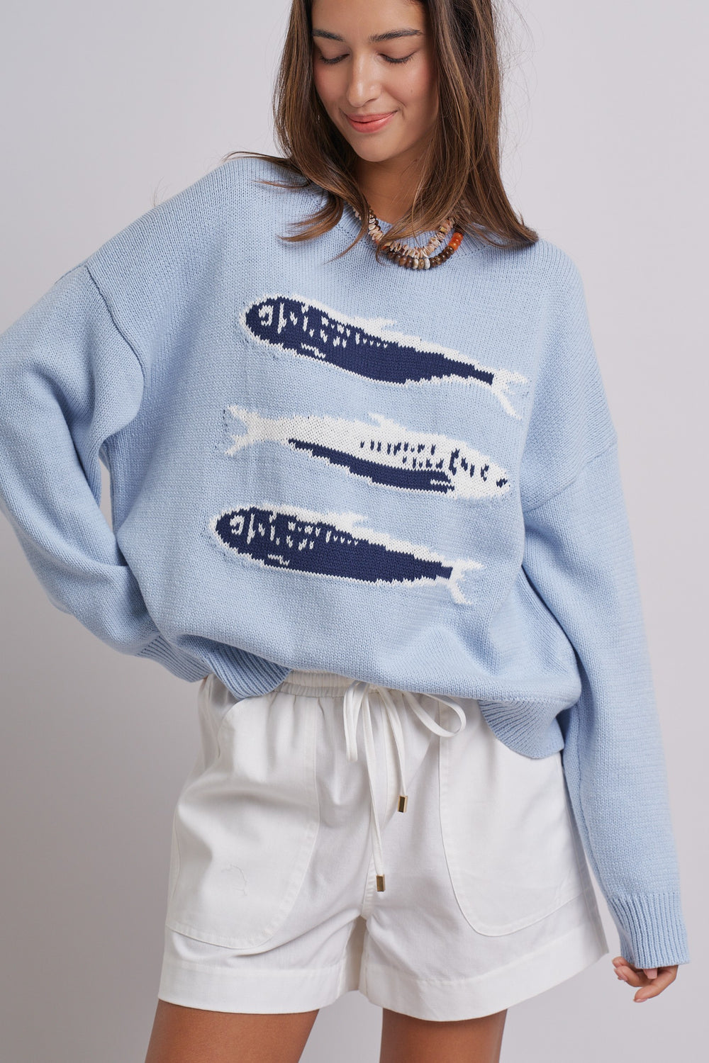 Graphic Oversized Drop-Shoulder Knit Sweater in BLUE - Women's Wholesale Sweaters | Trend Notes