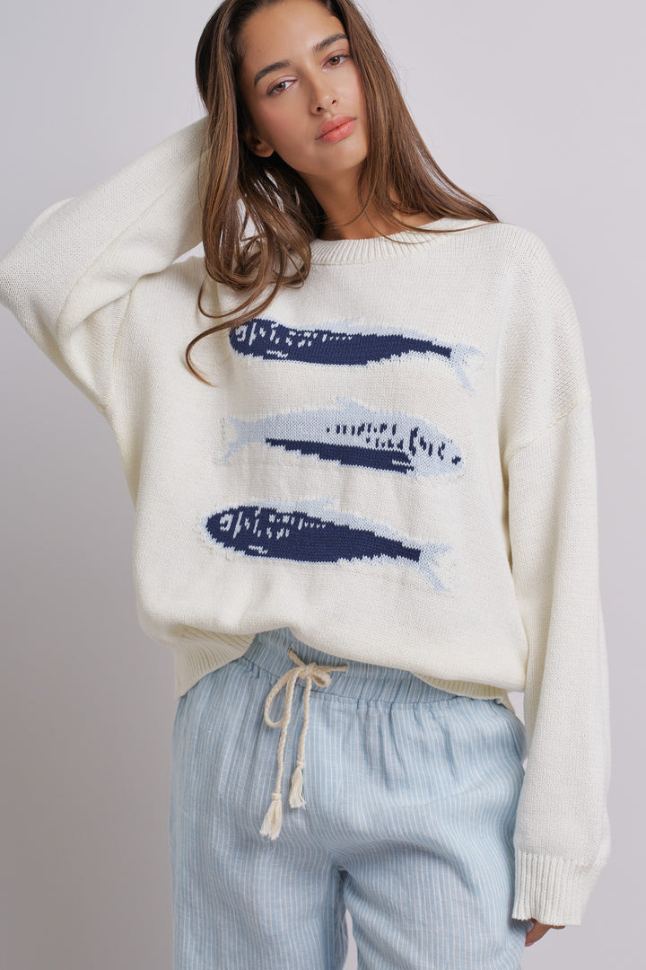 Graphic Oversized Drop-Shoulder Knit Sweater in IVORY - Women's Wholesale Sweaters | Trend Notes