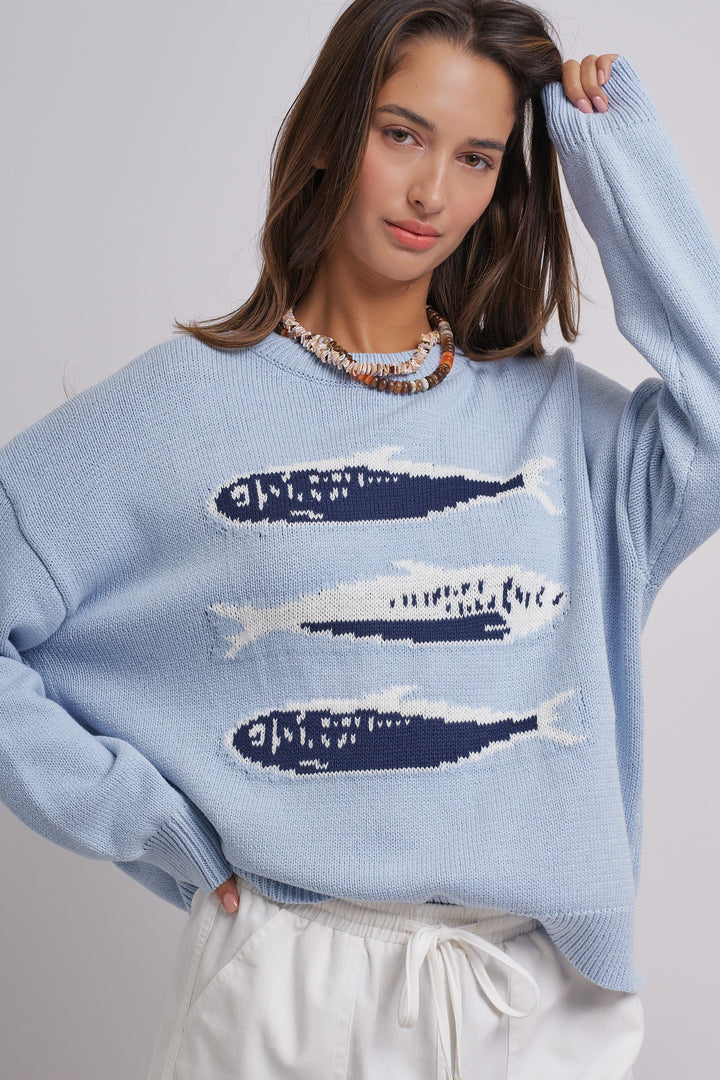 Graphic Oversized Drop-Shoulder Knit Sweater in BLUE - Women's Wholesale Sweaters | Trend Notes