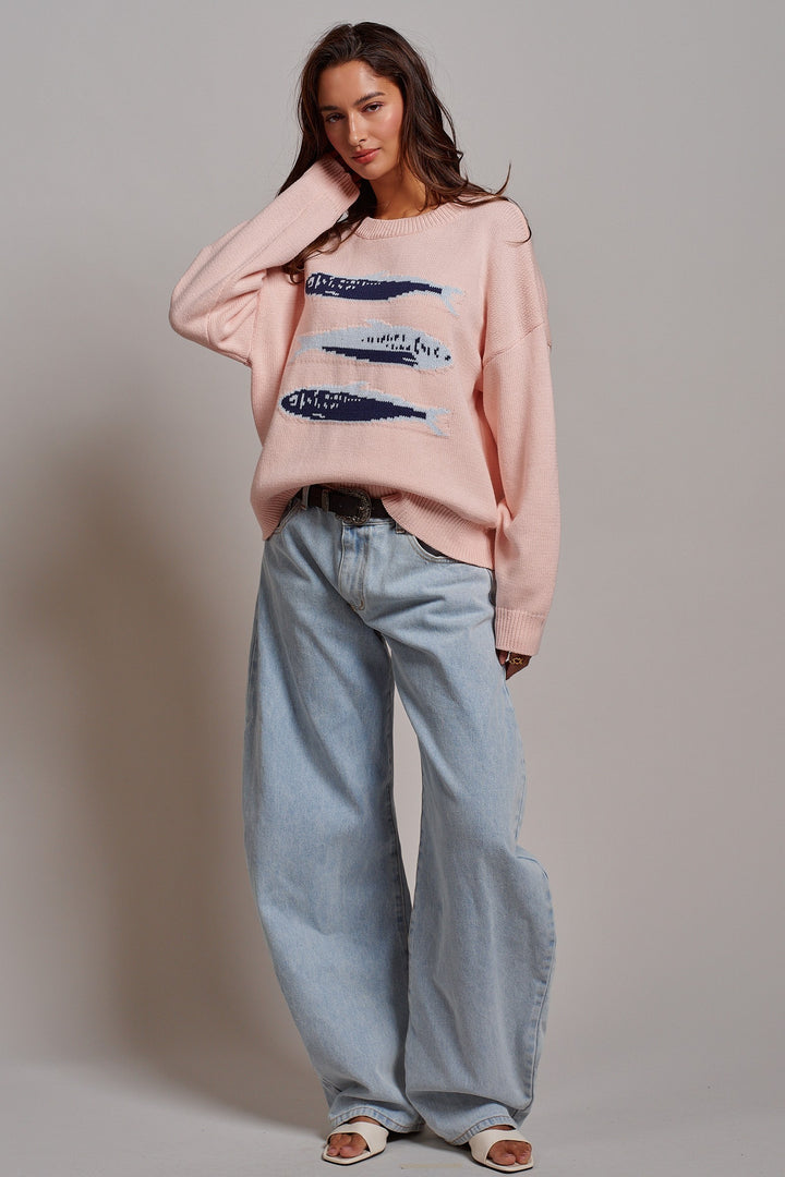 Graphic Oversized Drop-Shoulder Knit Sweater in PINK - Women's Wholesale Sweaters | Trend Notes