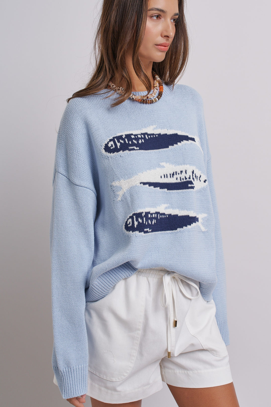 Graphic Oversized Drop-Shoulder Knit Sweater in BLUE - Women's Wholesale Sweaters | Trend Notes