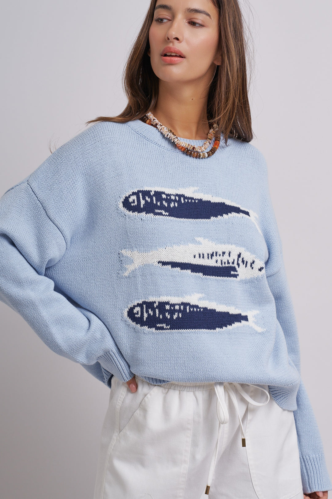 Graphic Oversized Drop-Shoulder Knit Sweater in BLUE - Women's Wholesale Sweaters | Trend Notes