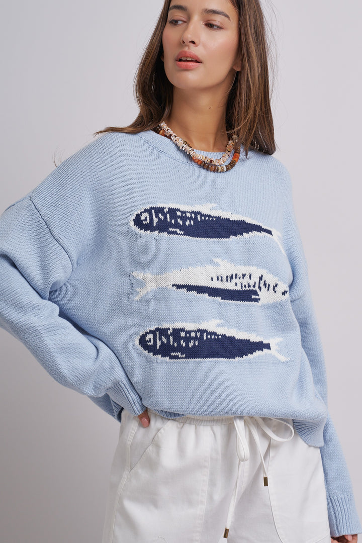 Graphic Oversized Drop-Shoulder Knit Sweater in BLUE - Women's Wholesale Sweaters | Trend Notes