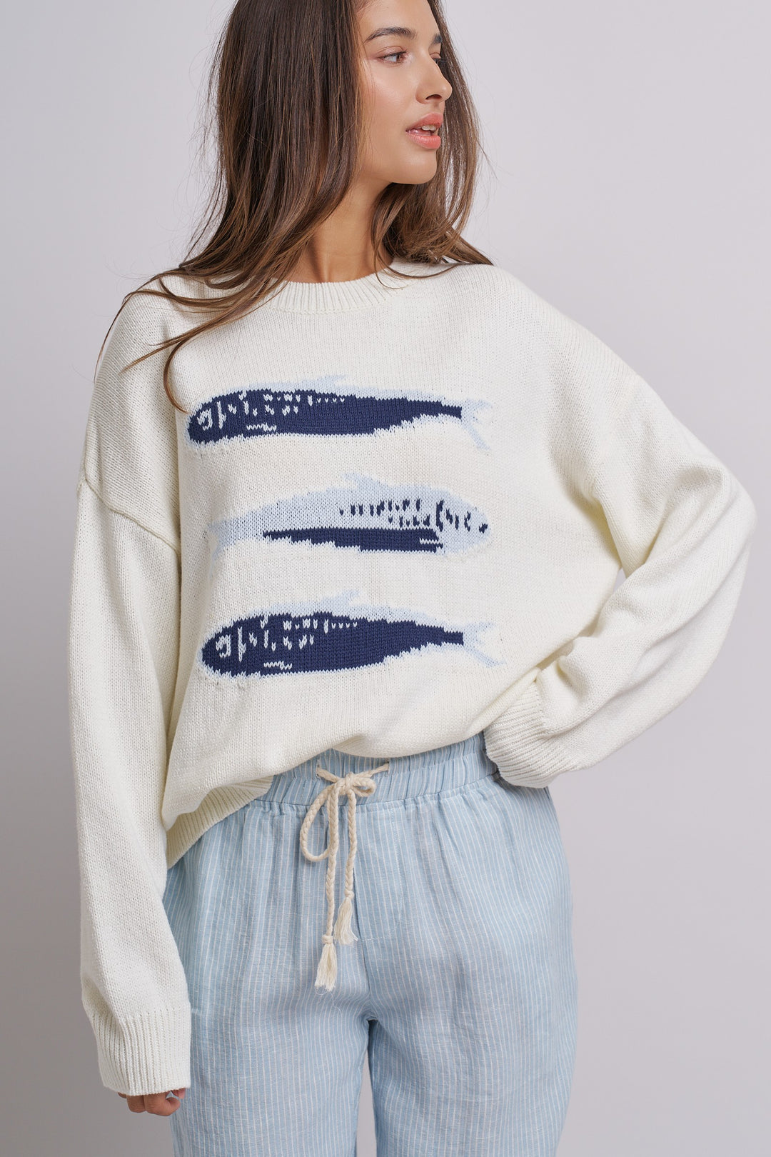 Graphic Oversized Drop-Shoulder Knit Sweater in IVORY - Women's Wholesale Sweaters | Trend Notes