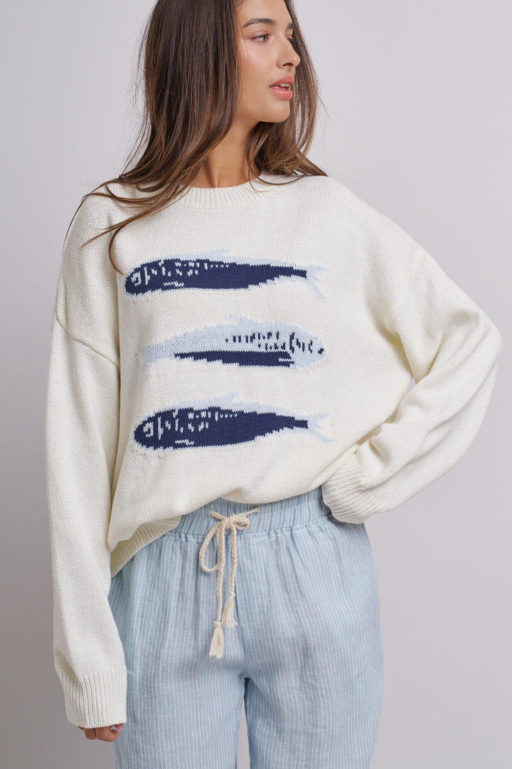 Graphic Oversized Drop-Shoulder Knit Sweater in IVORY - Women's Wholesale Sweaters | Trend Notes