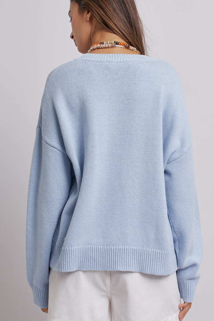 Graphic Oversized Drop-Shoulder Knit Sweater in BLUE - Women's Wholesale Sweaters | Trend Notes