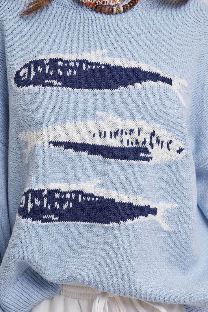 Graphic Oversized Drop-Shoulder Knit Sweater in BLUE - Women's Wholesale Sweaters | Trend Notes