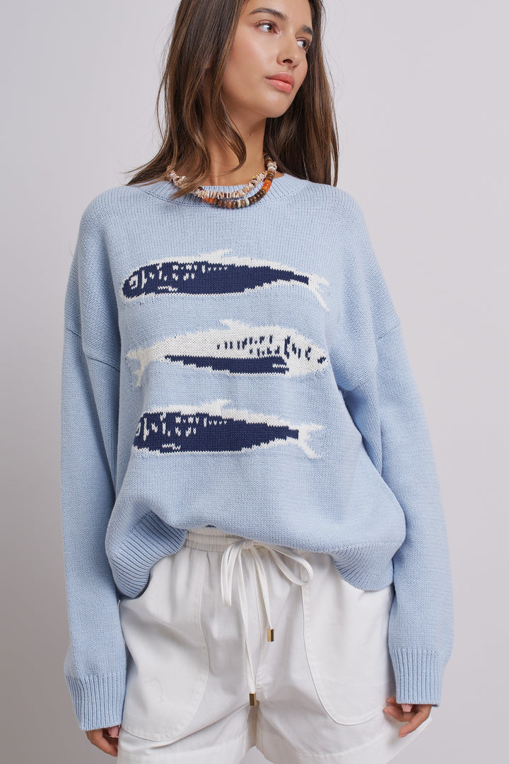 Graphic Oversized Drop-Shoulder Knit Sweater in BLUE - Women's Wholesale Sweaters | Trend Notes