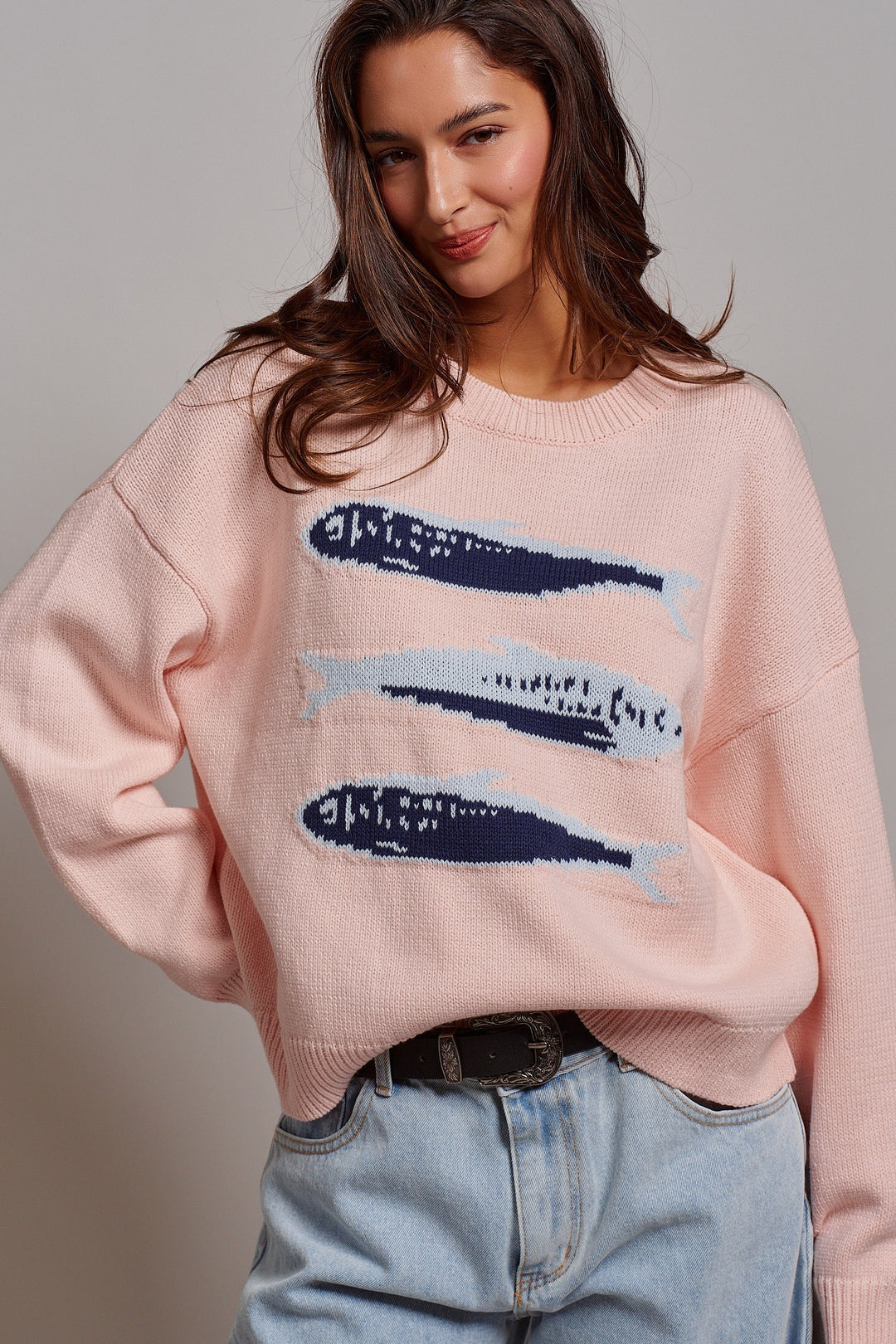 Graphic Oversized Drop-Shoulder Knit Sweater in PINK - Women's Wholesale Sweaters | Trend Notes