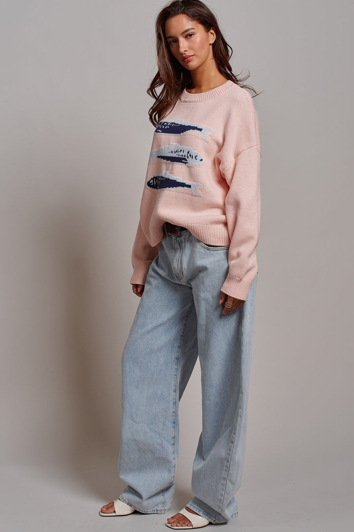 Graphic Oversized Drop-Shoulder Knit Sweater in PINK - Women's Wholesale Sweaters | Trend Notes