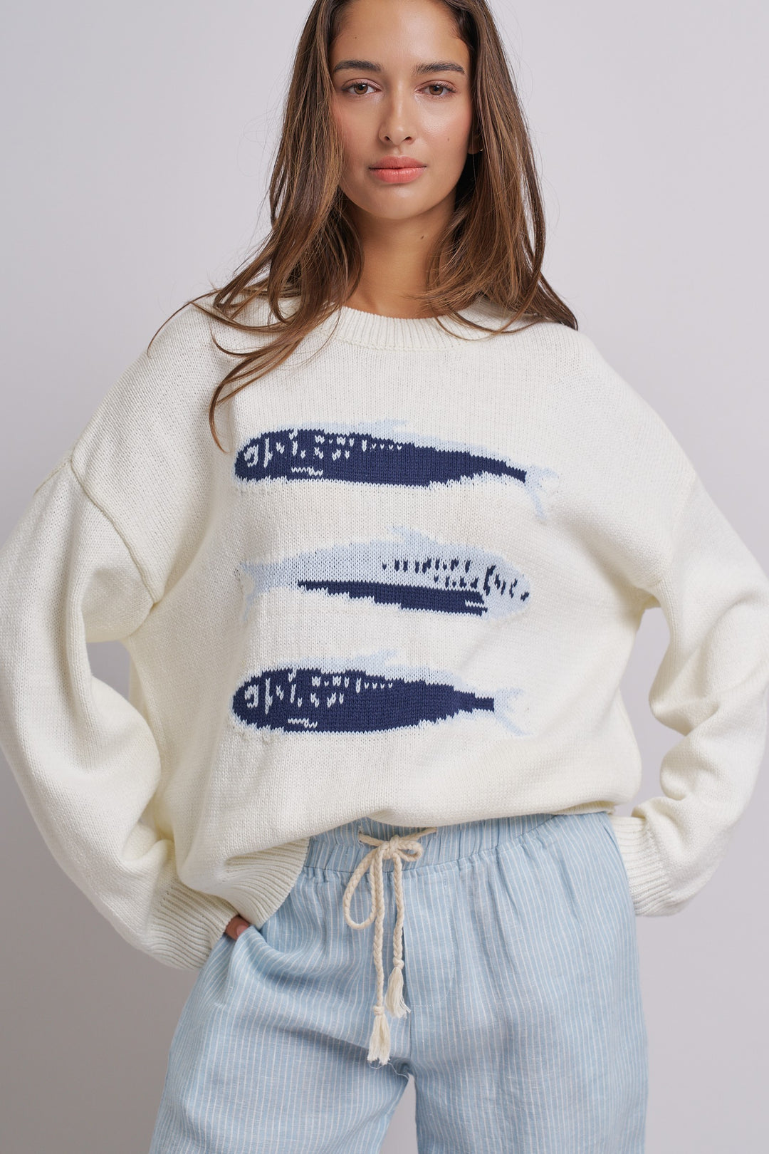 Graphic Oversized Drop-Shoulder Knit Sweater in IVORY - Women's Wholesale Sweaters | Trend Notes